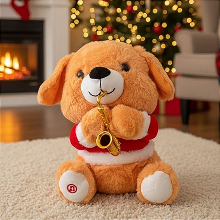Pelúcia de Natal com Som e Movimento - Cachorro com Saxofone - 29cm - 1 unidade - Rizzo