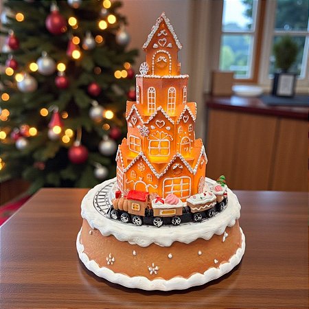 Cenário de Natal com Som, Luz e Movimento - Castelo de Gengibre com Trem - 15x15x19cm - 1 unidade - Rizzo