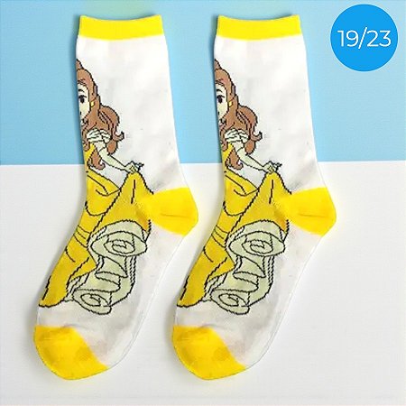 Meia Infantil Cano Médio - Bela - Amarela - 19/23 - 1 unidade - Disney Original - Rizzo
