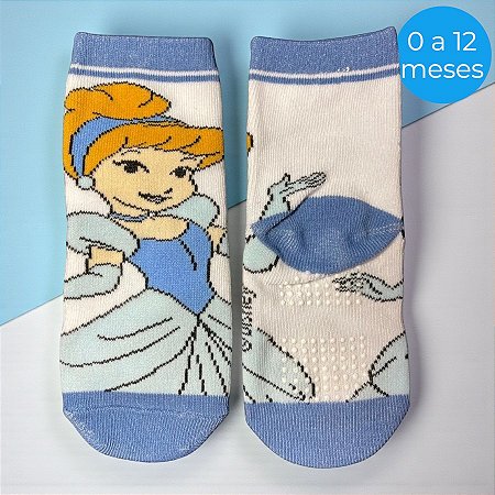 Meia Infantil Antiderrapante - Cinderela - Azul - 0 a 12 Meses - 1 unidade - Disney Original - Rizzo