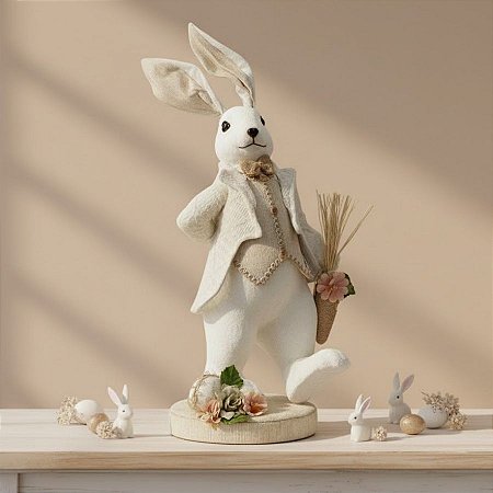 Enfeite Decorativo de Páscoa - Coelho em Pé com Terno Rendado Branco - Linha Realeza Premium - 40x21x27cm - 1 unidade -