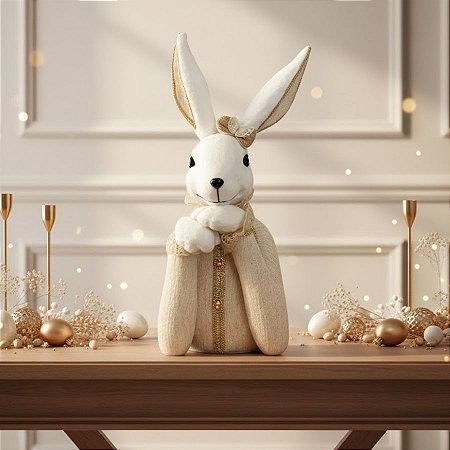 Enfeite Decorativo de Páscoa - Busto de Coelho com Roupa Bege com Pedraria - 62x21x25cm - 1 unidade - Rizzo