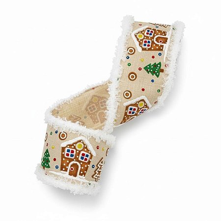 Fita Aramada Decorada de Natal - Vila de Casinhas GingerBread - 6,3cm x 2,74m  - 1 unidade - Rizzo