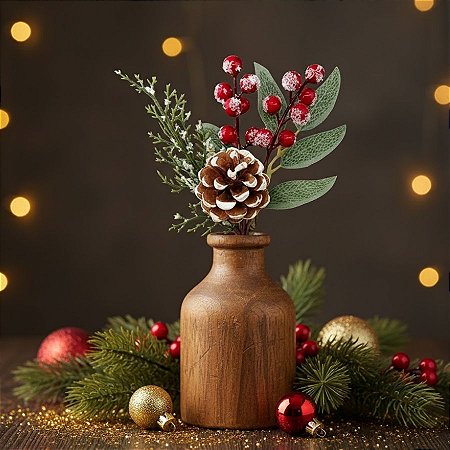Pick Decorativo de Natal - Galho com Azevinho e Pinha - 22cm - 1 unidade - Rizzo