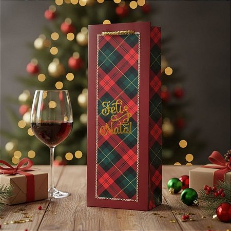 Sacola de Papel Premium Para Garrafa - Feliz Natal - Verde e Vermelho - 12x36x8,5cm - 1 unidade - Rizzo