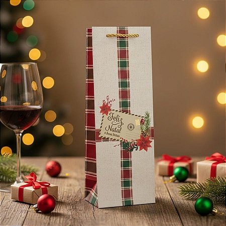 Sacola de Papel Premium Para Garrafa - Postal Feliz Natal - 12x36x8,5cm - 1 unidade - Rizzo