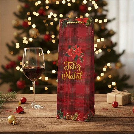 Sacola de Papel Premium Para Garrafa - Feliz Natal - 12x36x8,5cm - 1 unidade - Rizzo