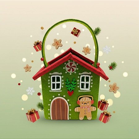 Cesta em Feltro de Natal - Casinha Verde - 14x15x11cm - 1 unidade - Rizzo