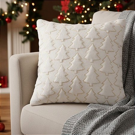 Capa para Almofada de Natal - Pinheiros Dourados - Branco - 43cm - 1 unidade - Rizzo