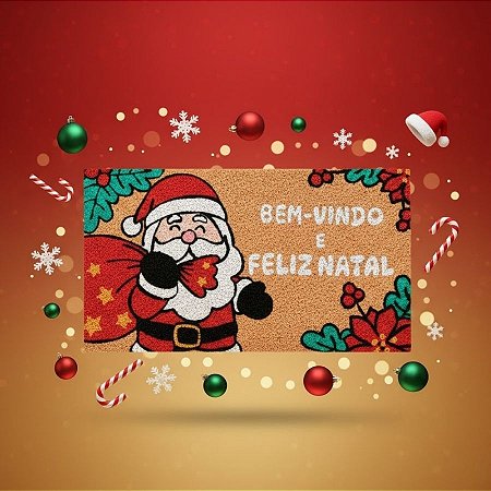 Capacho De Fibra - Papai Noel - Bem-Vindo e Feliz Natal - 33x60cm - 1 unidade - Rizzo