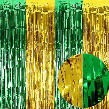 Cortina Decorativa Larga Metalizada Dourada e Verde - 1x2m - 1 unidade - Rizzo