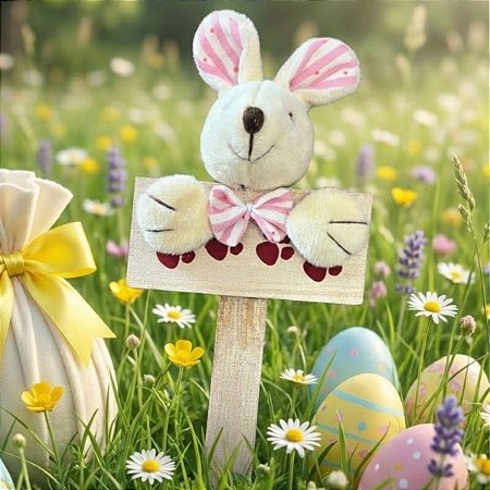 Mini Placa Patinhas Coelho de Páscoa com Laço Rosa Listrado - 18.5cm - 1 unidade - Cromus - Rizzo
