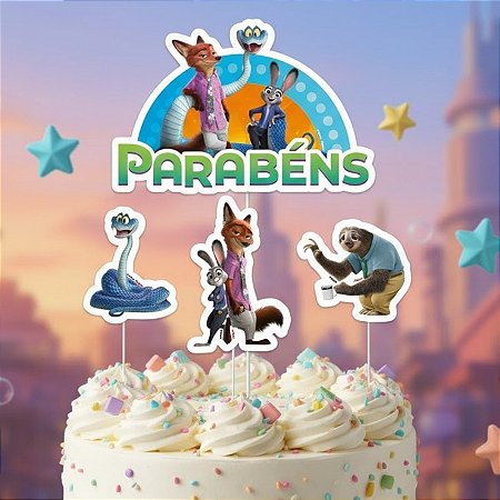 Kit Topo de Bolo - Zootopia 2 - 22x14cm - 1 unidade - Disney Original - Rizzo