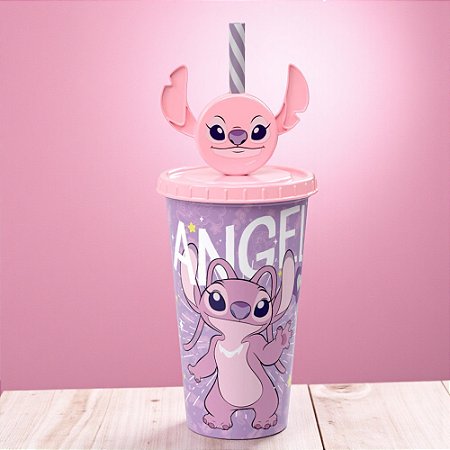Copo de Plástico com Tampa e Canudo Pin Angel - 500ml - 1 unidade - Disney Original - Rizzo
