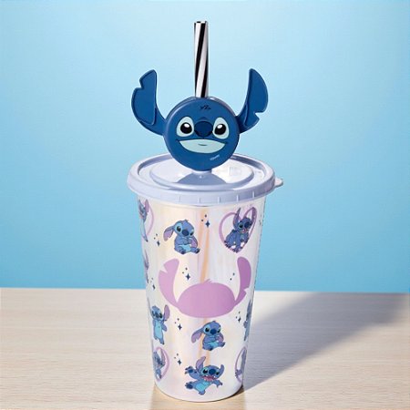 Copo de Plástico com Tampa e Canudo Pin Stitch Holográfico - 500ml - 1 unidade - Disney Original - Rizzo