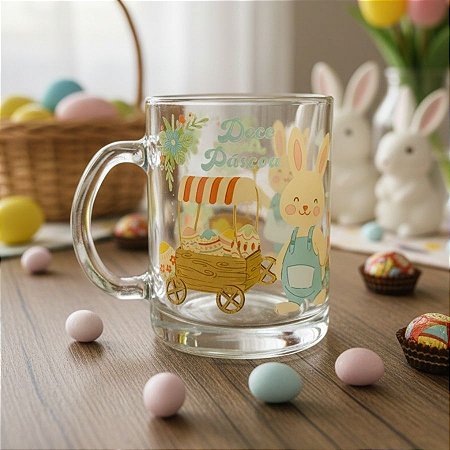 Caneca de Vidro - Coelho com Carrinho de Ovos - Feliz Páscoa - 320ml  - 1 unidade - Rizzo
