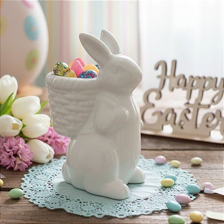 Enfeite Decorativo Páscoa em Cerâmica - Coelho com Cesta nas Costas - Branco - 13,8x6,2x9cm - 1 unidade - Rizzo