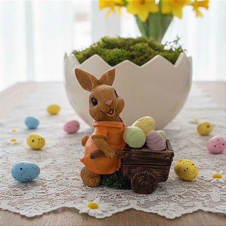 Enfeite Decorativo de Páscoa em Resina - Coelhinho com Carriola de Ovinhos - 9x6x4cm - 1 unidade - Rizzo
