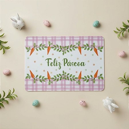 Jogo Americano Retangular de Páscoa - Xadrez Rosa com Cenourinhas - Feliz Páscoa - 28x43cm - 1 unidade - Rizzo