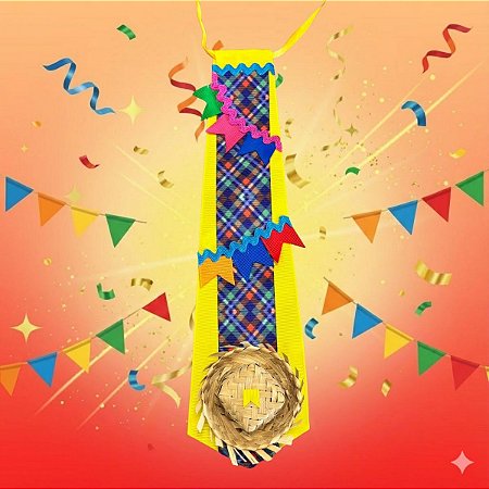 Gravata de Festa Junina - Amarela com Detalhes Azuis - 28,5cm - 1 unidade - Rizzo