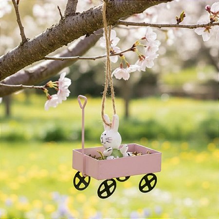 Enfeite Para Pendurar de Páscoa - Carrinho de Mão Rosa com Coelho - 8,5x6x4cm - 1 unidade - Cromus - Rizzo