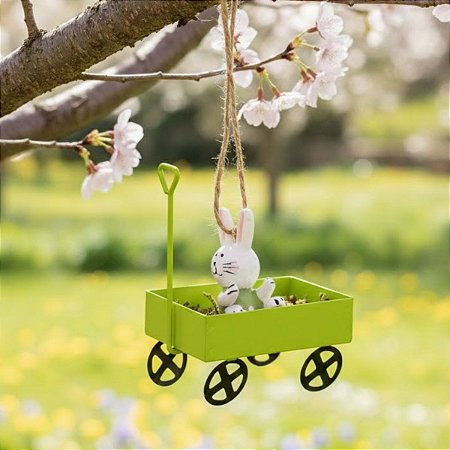 Enfeite Para Pendurar de Páscoa - Carrinho de Mão Verde com Coelho - 8,5x6x4cm - 1 unidade - Cromus - Rizzo
