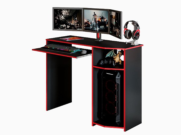Mesa Escrivaninha Gamer Preta Com Vermelho Para Jogos Online - E