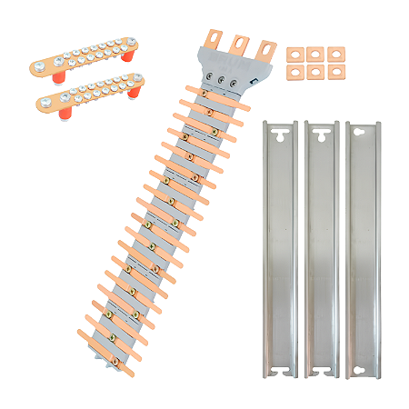 Kit Barramento de Cobre Trifásico VOLT 160 36 Polos 160A + Neutro, Terra e Trilhos DIN VB16036 – Brum