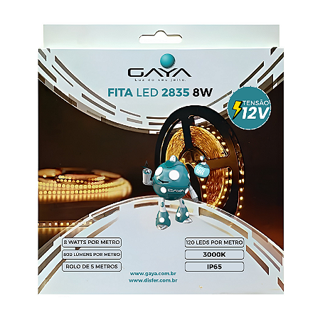 Fita LED 2835 8W/m 800 lm/m 3000K IP65 12V – Rolo 5m – Gaya