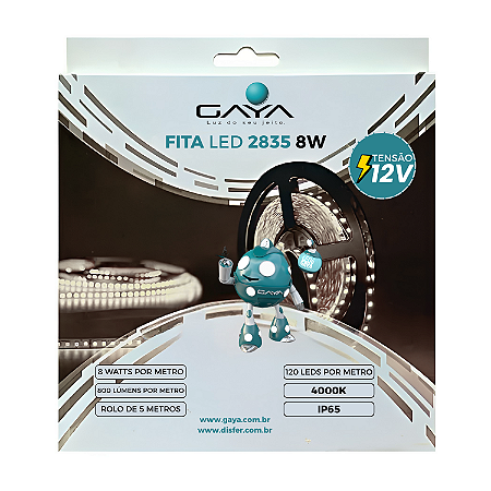 Fita LED 2835 8W/m 800 lm/m 4000K IP65 12V – Rolo 5m – Gaya