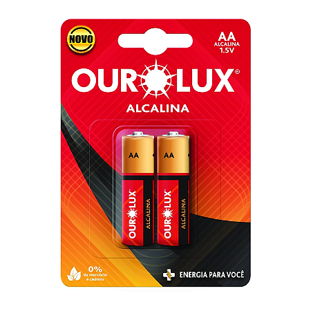 Pilha Alcalina AA 1,5V – Cartela com 2 Unidades – Ourolux