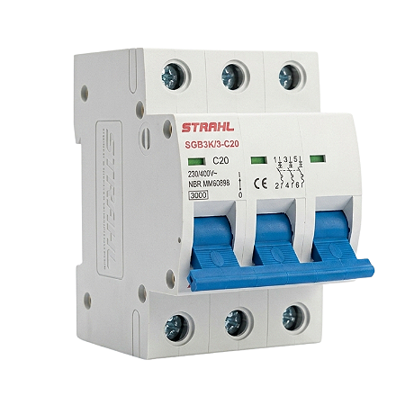Disjuntor Tripolar DIN 20A Curva C 3kA SGB3K/3-C20 – Strahl