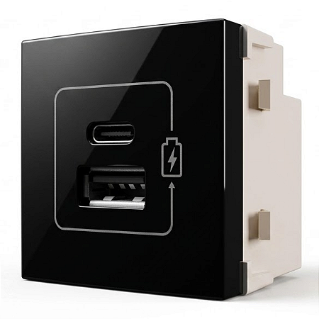 Módulo Carregador Duplo USB + USB-C 2A 10W Preto Ebony – Linha Sleek – MarGirius