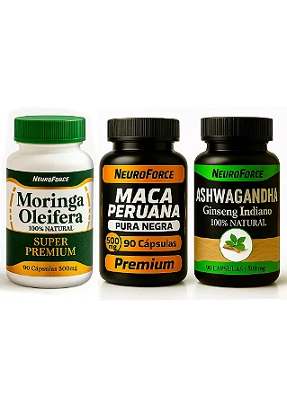Kit 3 Frascos Foco Force e Vitalidade - Moringa Ashwagandha e Maca Peruana Negra