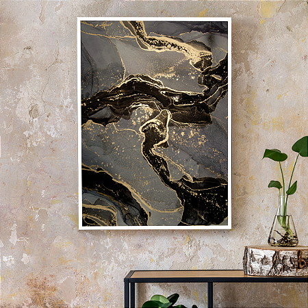Quadro Decorativo Mármore Preto e Dourado
