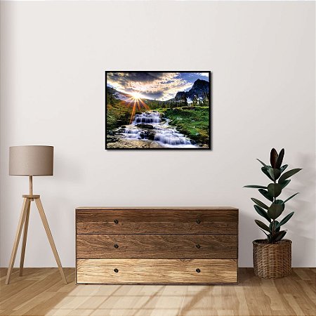 Quadro Decorativo Paisagem Montanhas Cachoeira Sol