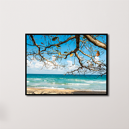 Quadro Decorativo Praia Areia Mar Azul e Galhos Secos