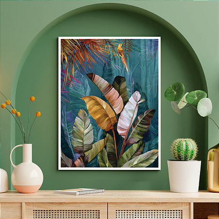Quadro Decorativo Desenho de Folhagem Colorida Tropical