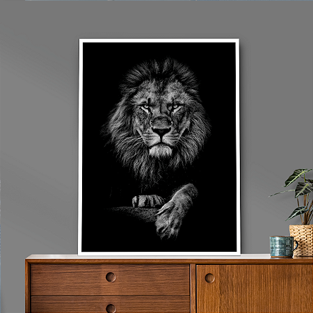 Quadro Decorativo Leão Preto e Branco