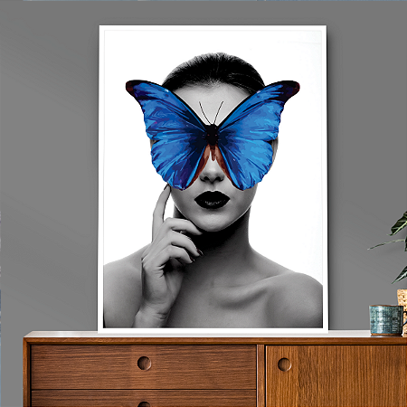 Quadro Decorativo Rosto Feminino com uma Borboleta Azul