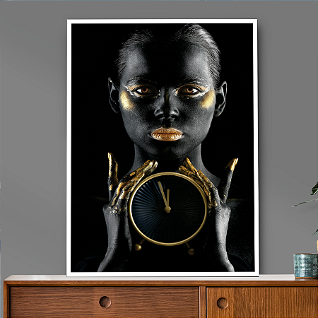 Quadro Decorativo Pintura Preta e Dourada em Mulher com Relógio