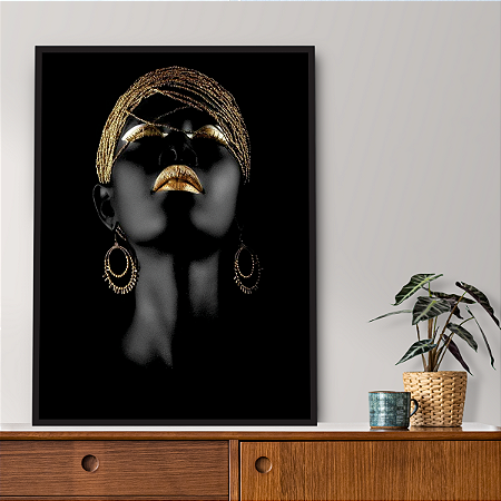 Quadro Decorativo Pintura Preta e Dourada em Corpo Feminino