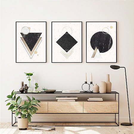 Kit de Quadros Decorativos Formas Geométricas Pretas com Fundo Claro