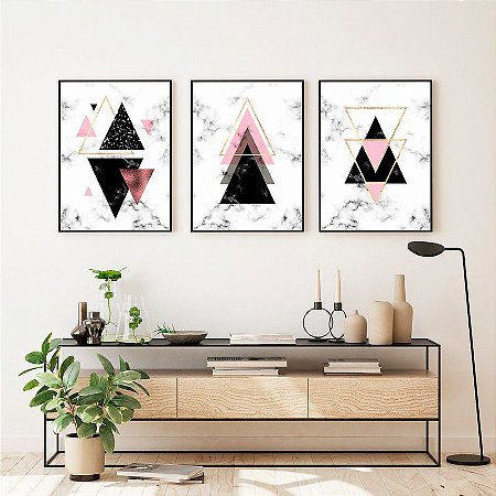 Kit de Quadros Decorativos Triângulos em Fundo Marmorizado