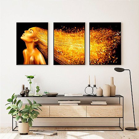 Kit de Quadros Decorativos Pintura Mulher e Cabelo Dourado com Fundo Preto