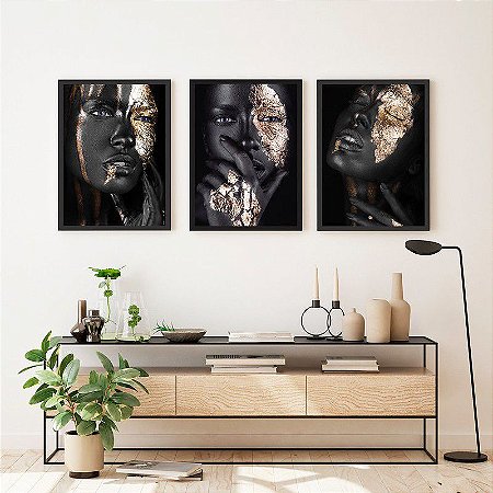 Três Quadros Decorativos Faces Pintura Artística Preto e Dourado em Mulher