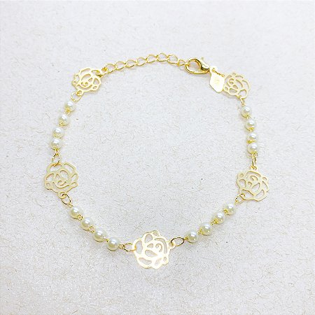 Pulseira Pérolas e Flores Douradas