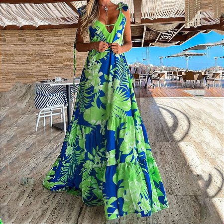 Saia longa com alça em V estampada na moda feminina