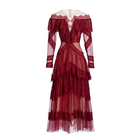 Vestido de folha de lótus para banquete francês com costura de gaze de manga c