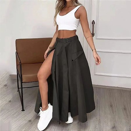 Conjunto de saia e colete elegante sem mangas feminino, monocromático, fenda, c